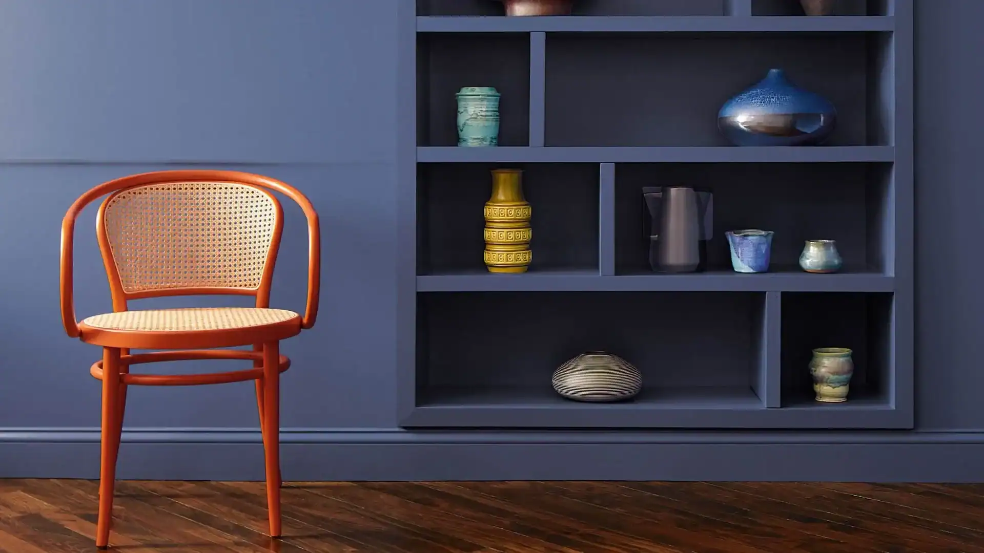 Chair and bookshelf.
