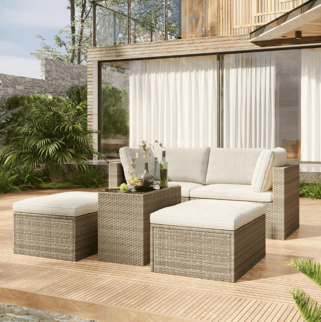 Brown 5-Piece PE Rattan Wicker Patio Set Outdoor Furniture Sectional Sofa Set with Beige Cushions