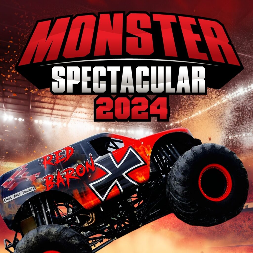Monster Truck in a stadium with an explosion behind the truck. Monster Truck Spectacular 2024 