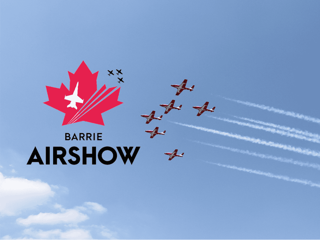 Barrie Air Show Graphic with red planes flying across a blue sky. 