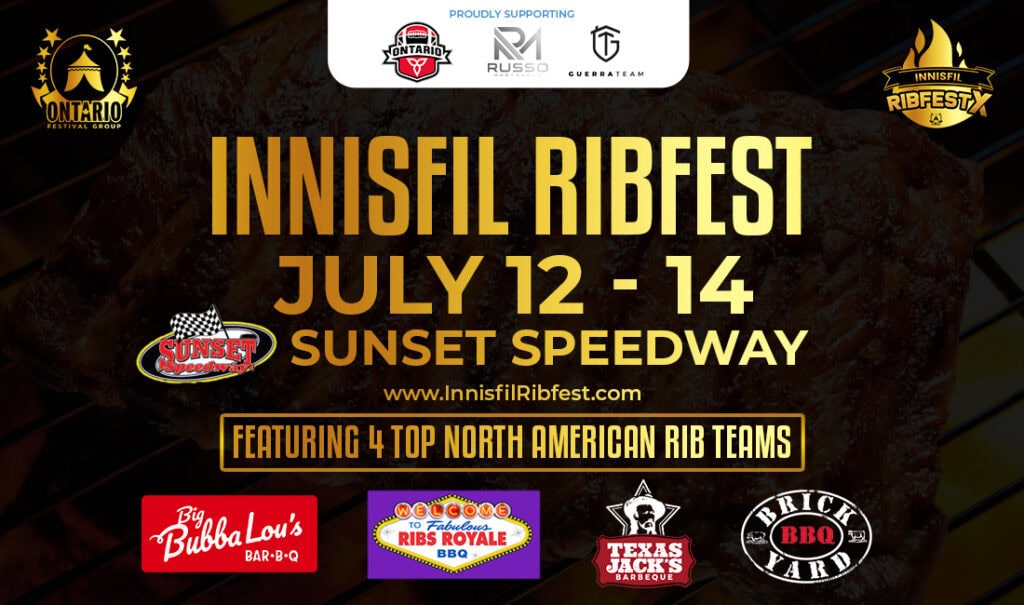 Graphic for Innisfil RibFest with information about the event. Including logos from the top 4 North American Rib Teams. 