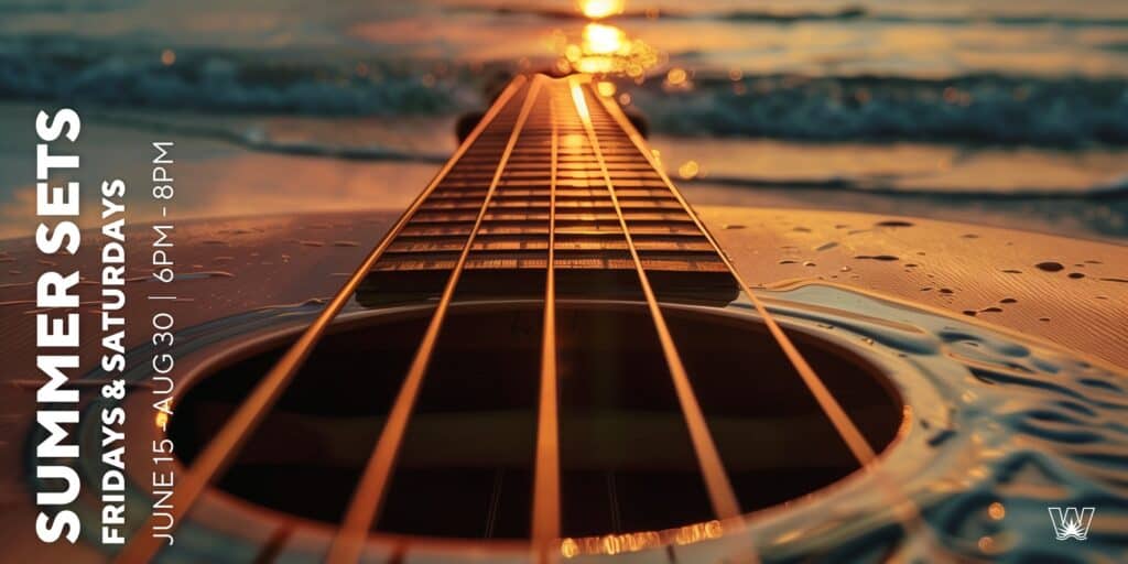 Guitar strings and a sunset on a beach 